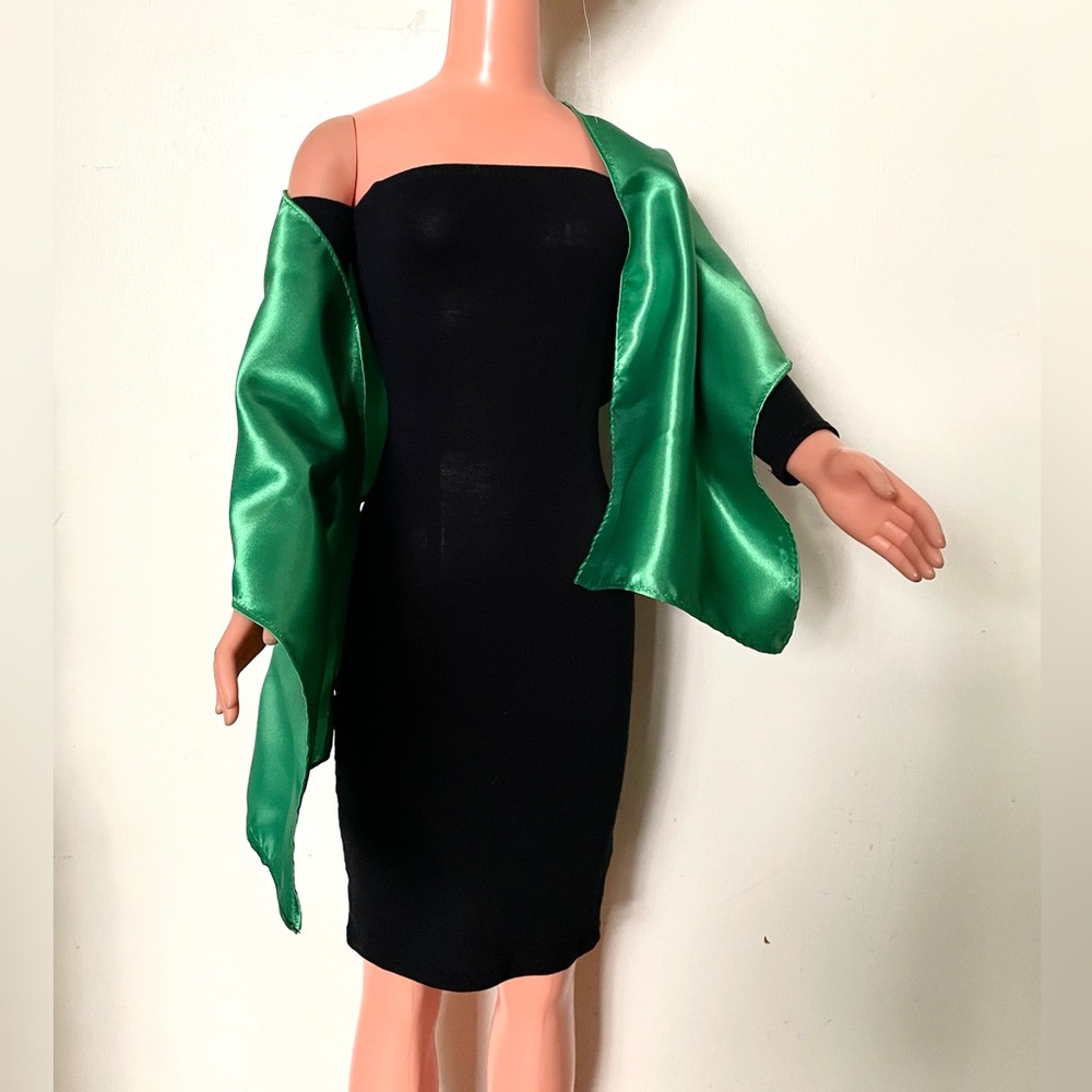 Black mini dress & green satin scarf - For My Size Barbie Doll. New